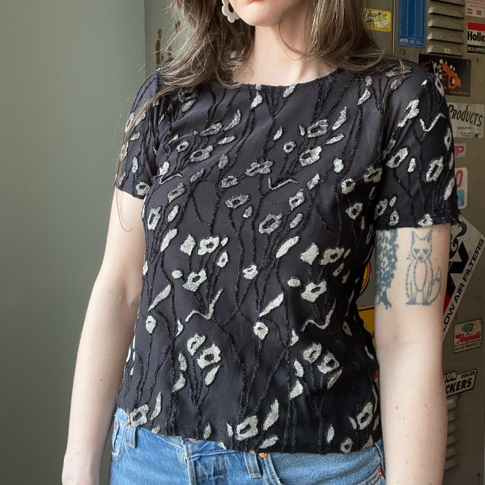 Vintage 90s Black Burnout Floral Top | Sheer Velvet Short Sleeve | M